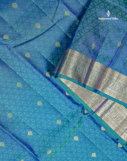 Pure Kanjivaram Silk Saree - Peacock Blue Colour Body Zari Buttas With Medium Border