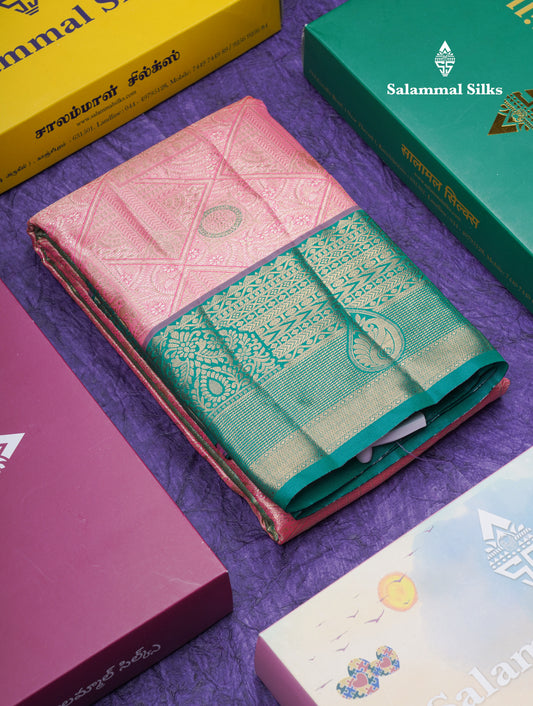 Dark Peach Geometric Pattern Tissue Bridal Semi Silk Saree With Contrast Peacock Green Traditional Border