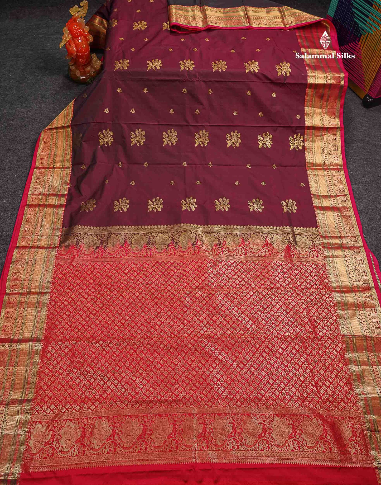 Beautiful Dark Maroon Zari Butta Semi Silk Saree With Contrast Chilli Red Traditional  Border