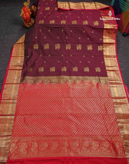 Beautiful Dark Maroon Zari Butta Semi Silk Saree With Contrast Chilli Red Traditional  Border