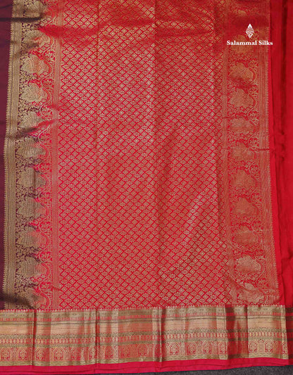 Beautiful Dark Maroon Zari Butta Semi Silk Saree With Contrast Chilli Red Traditional  Border