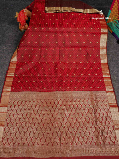 Pure Kanjivaram Silk Saree - Maroon Colour Body Zari Buttas With Medium Border 