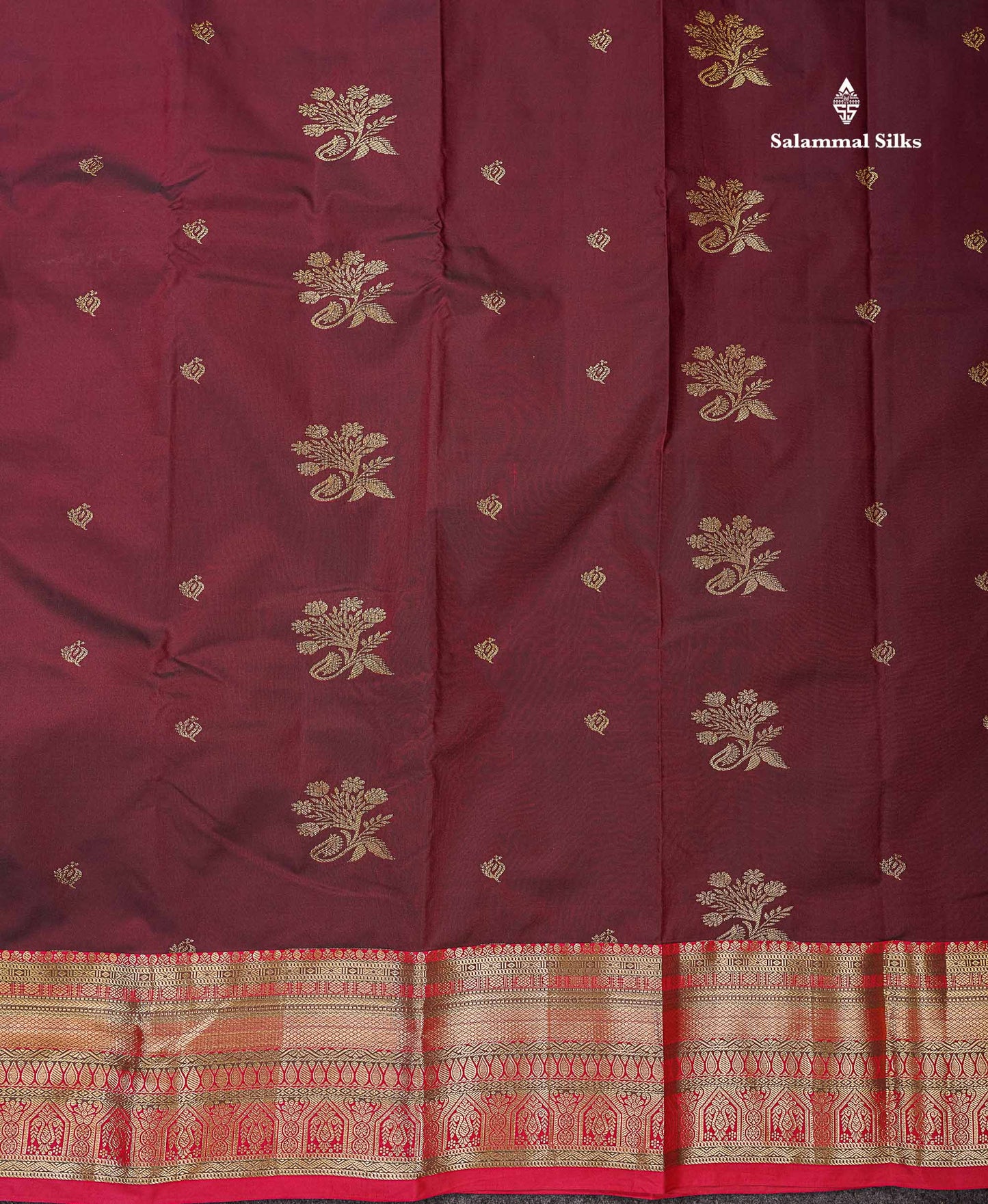Beautiful Dark Maroon Zari Butta Semi Silk Saree With Contrast Chilli Red Traditional  Border