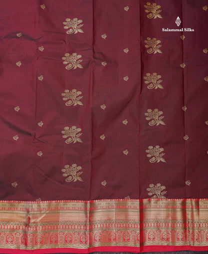 Beautiful Dark Maroon Zari Butta Semi Silk Saree With Contrast Chilli Red Traditional  Border