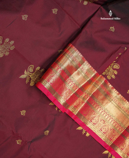 Beautiful Dark Maroon Zari Butta Semi Silk Saree With Contrast Chilli Red Traditional  Border