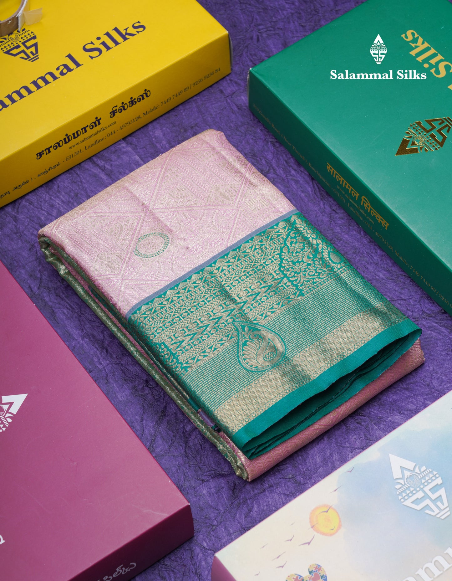 Dark Peach Geometric Pattern Tissue Bridal Semi Silk Saree With Contrast Peacock Green Traditional Border