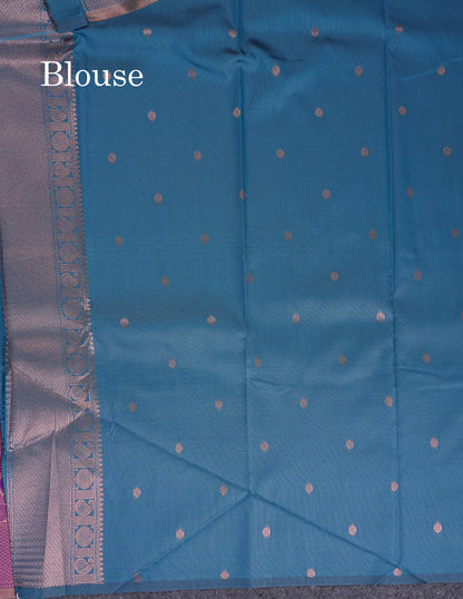 Beautiful Dual Tone Pink Semi Silk Saree With Contrast Peacock Green Blouse