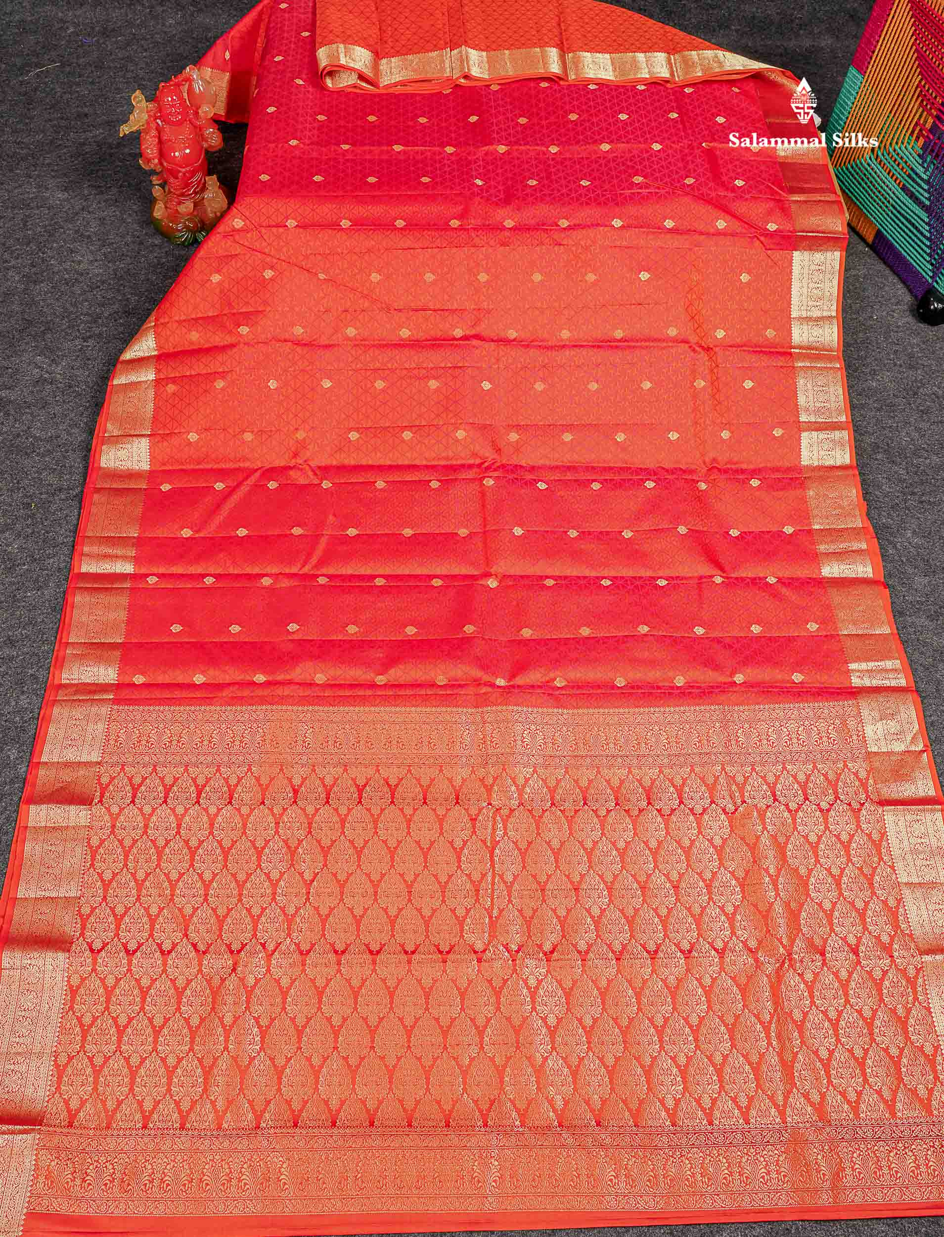 Pure Kanjivaram Silk Saree - Orange Colour Body Zari Buttas With Medium Border 