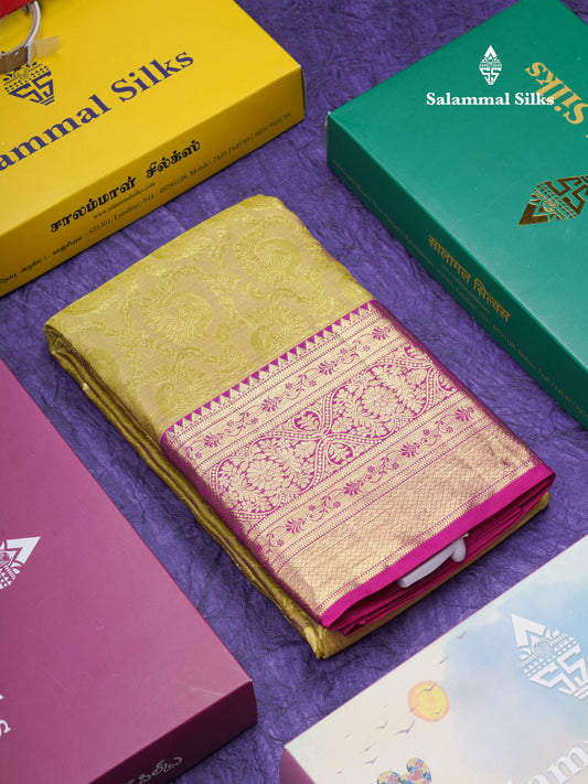 Beautiful Dual Tone Golden Yellow Pure Kanjivaram Silk Saree With Contrast Magent Traditional Border
