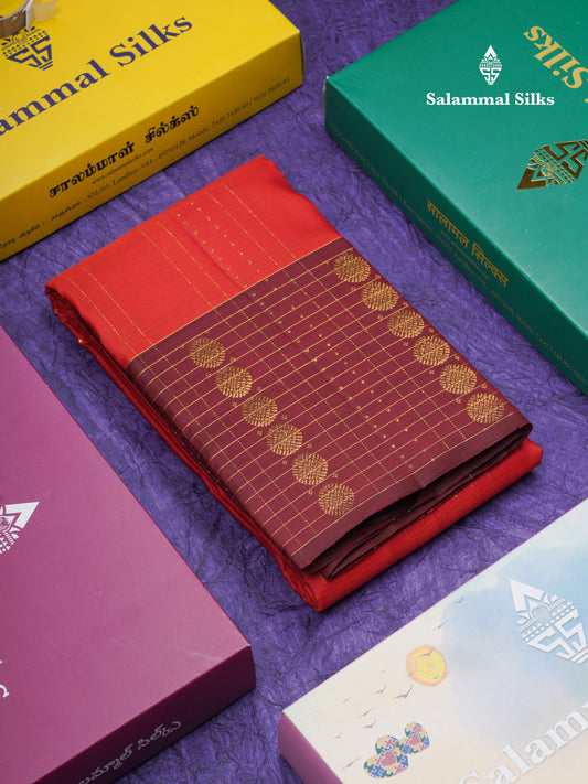 Dual Tone Red Fancy Pure Kanjivaram Silk Saree With Contrast Dark Maroon Border