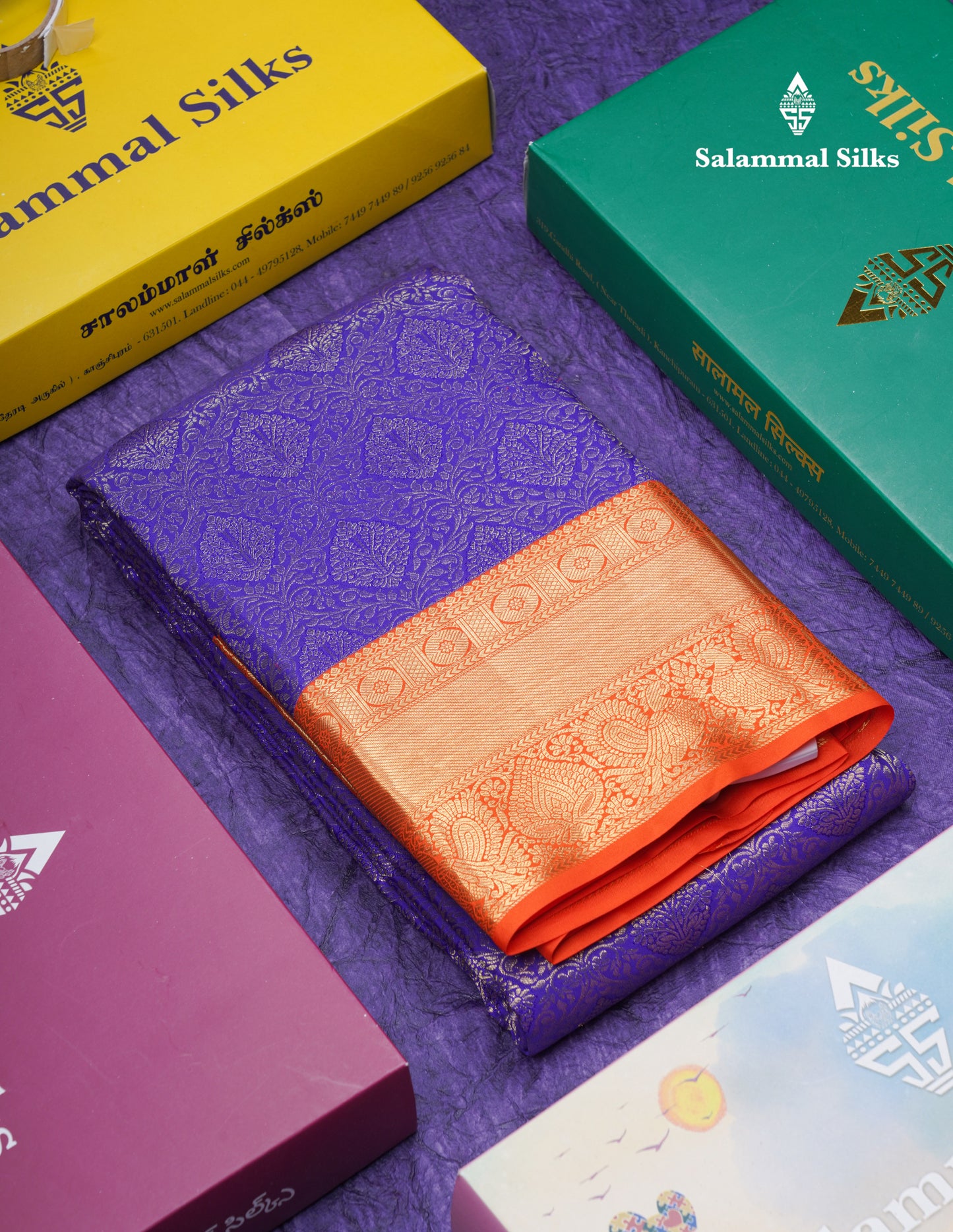 Violet Bridal Pure Kanjivaram Silk Saree With Contrast Orange Traditional Border