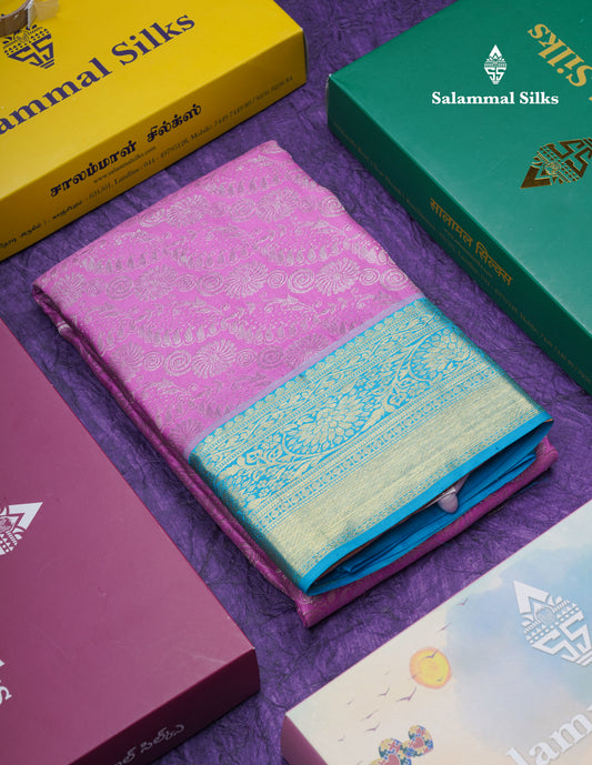 Purple Bridal Pure Kanjivaram Silk Saree With Contrast Sky Blue Traditional Border