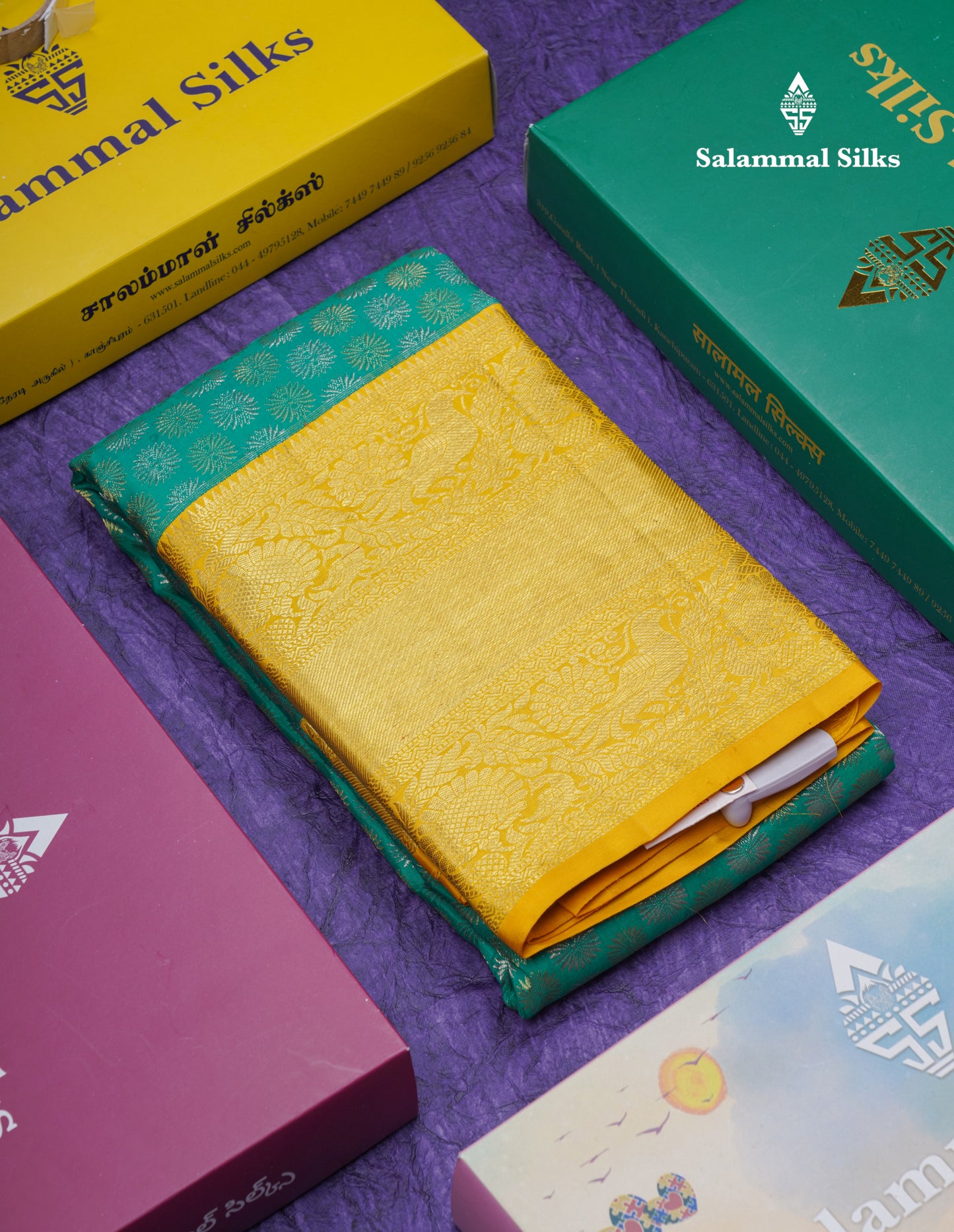 Saffire Green Bridal Pure Kanjivaram Silk Saree With Contrast Yellow Traditional Evening Morning Border