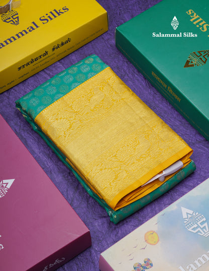 Saffire Green Bridal Pure Kanjivaram Silk Saree With Contrast Yellow Traditional Evening Morning Border