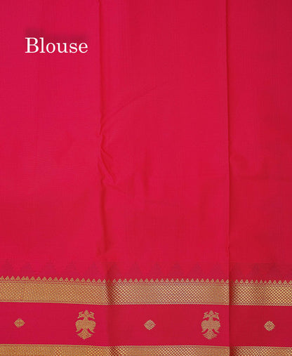 Beautiful Bottle Green Small Zari Buttas Semi Silk Saree With Contrast Pink Traditional Iruthalai Pakshi Gap Border