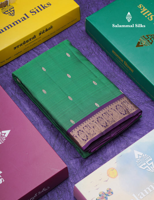 Bottle Green Puremix Silk Saree With Contrast Dark Purple Traditional Small Border