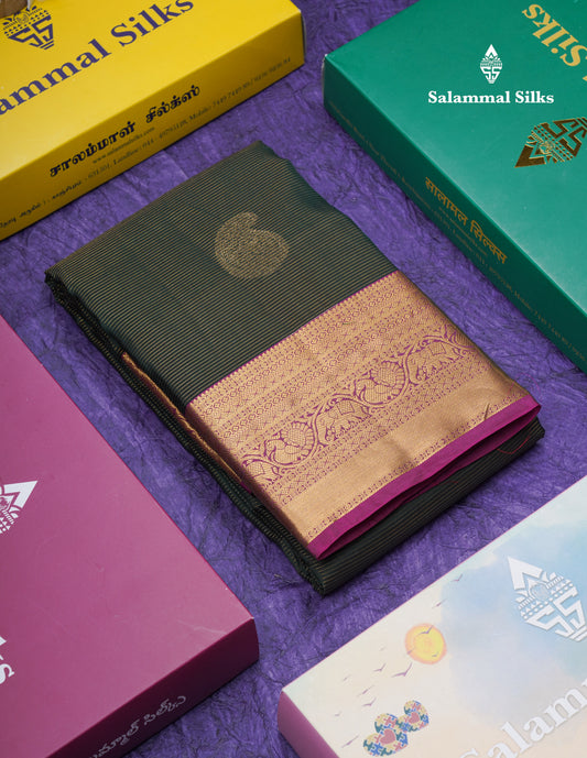 Bottle Green Vaira Oosi With Butta Puremix Silk Saree With Contrast Magenta Traditional Border