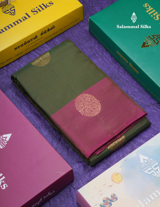 Olive Green Puremix Silk Saree With Contrast Magenta Fancy Border