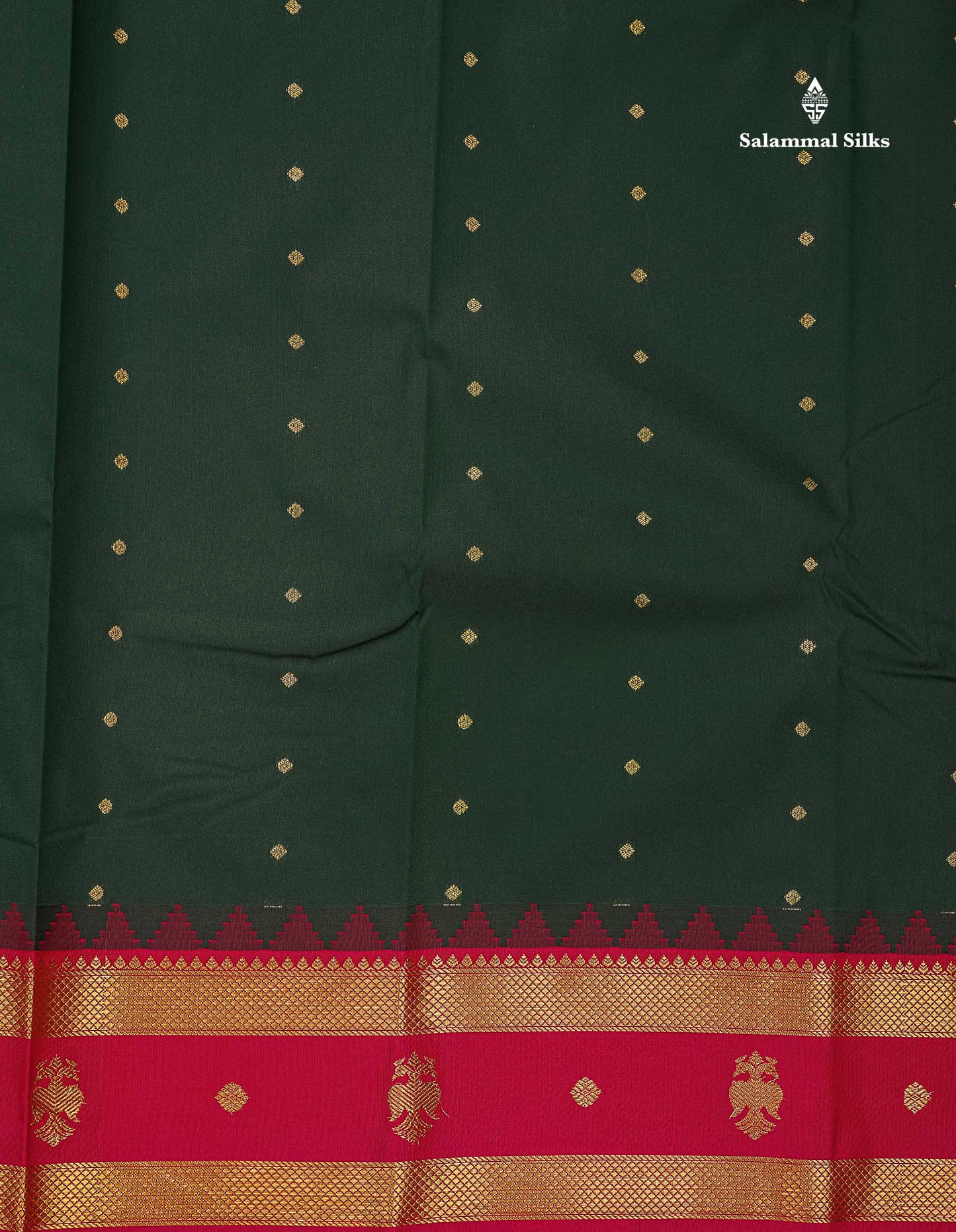 Beautiful Bottle Green Small Zari Buttas Semi Silk Saree With Contrast Pink Traditional Iruthalai Pakshi Gap Border