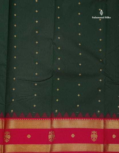 Beautiful Bottle Green Small Zari Buttas Semi Silk Saree With Contrast Pink Traditional Iruthalai Pakshi Gap Border
