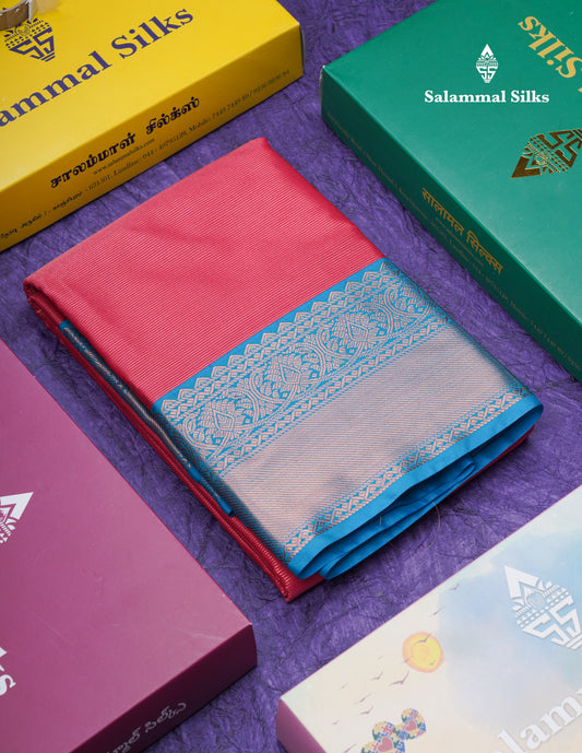 Dual Tone Reddish Pink Vairaoosi Lines Semi Silk Saree With Contrast Ramar Blue Border