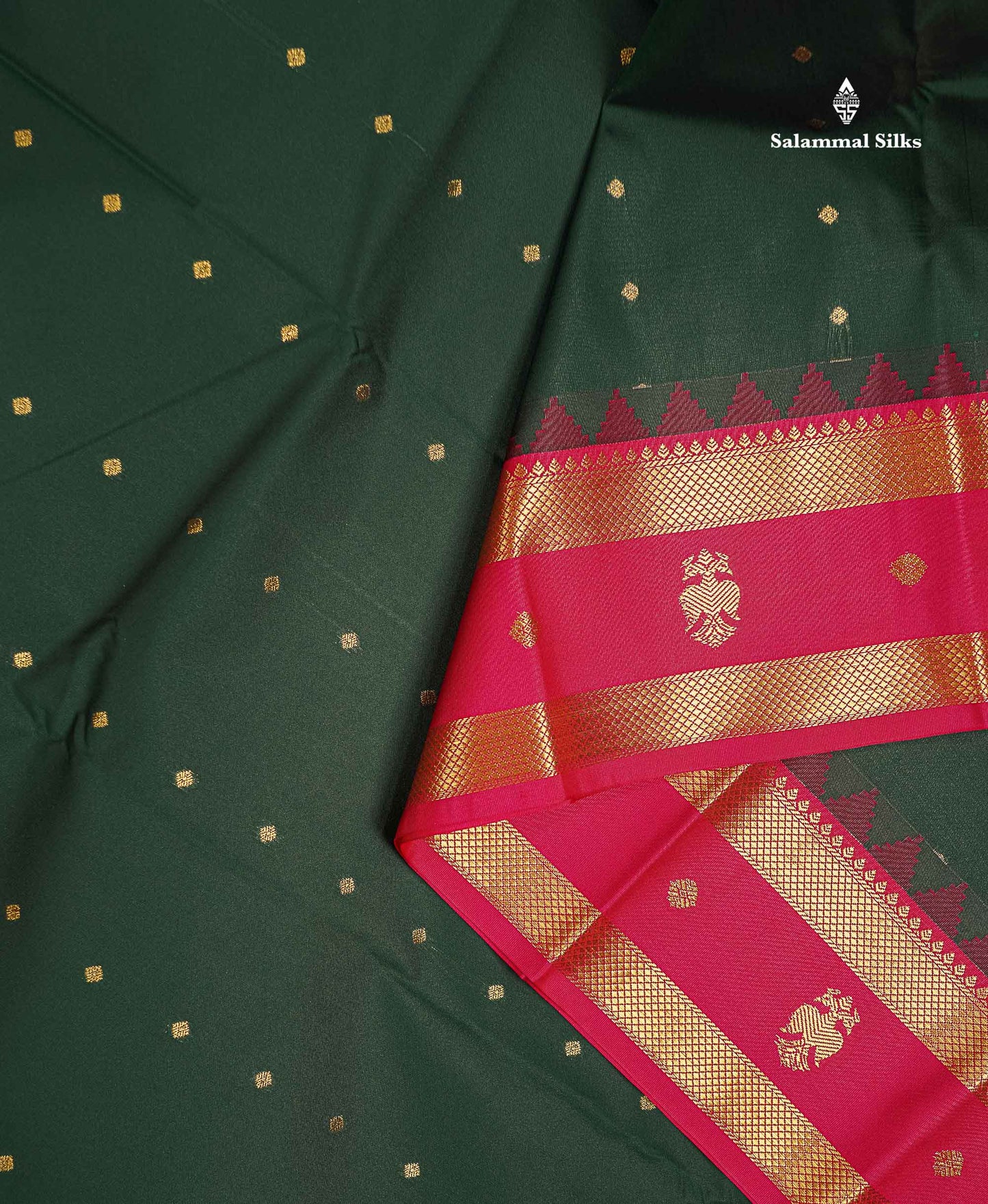 Beautiful Bottle Green Small Zari Buttas Semi Silk Saree With Contrast Pink Traditional Iruthalai Pakshi Gap Border