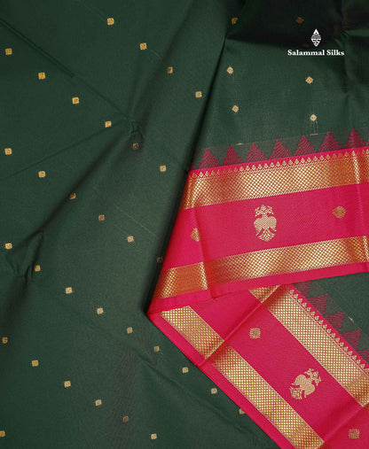 Beautiful Bottle Green Small Zari Buttas Semi Silk Saree With Contrast Pink Traditional Iruthalai Pakshi Gap Border