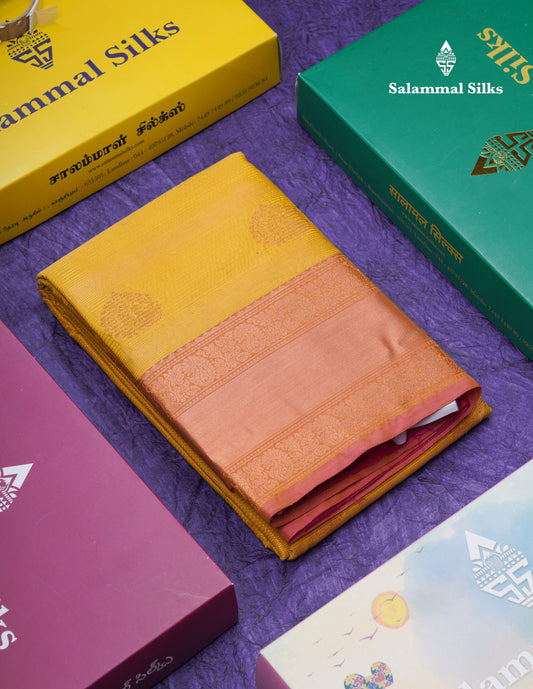 Mustard Yellow Vairaoosi Lines With Butta Semi Silk Saree With Contrast Pink Blouse