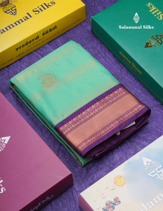Saffire Green Alai Vairaoosi Lines With Butta Semi Silk Saree With Contrast Dark Purple Traditional Small Border