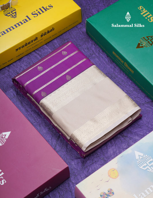 Dark Purple Semi Silk Saree With Contrast Cream Sandal Rettapet Border