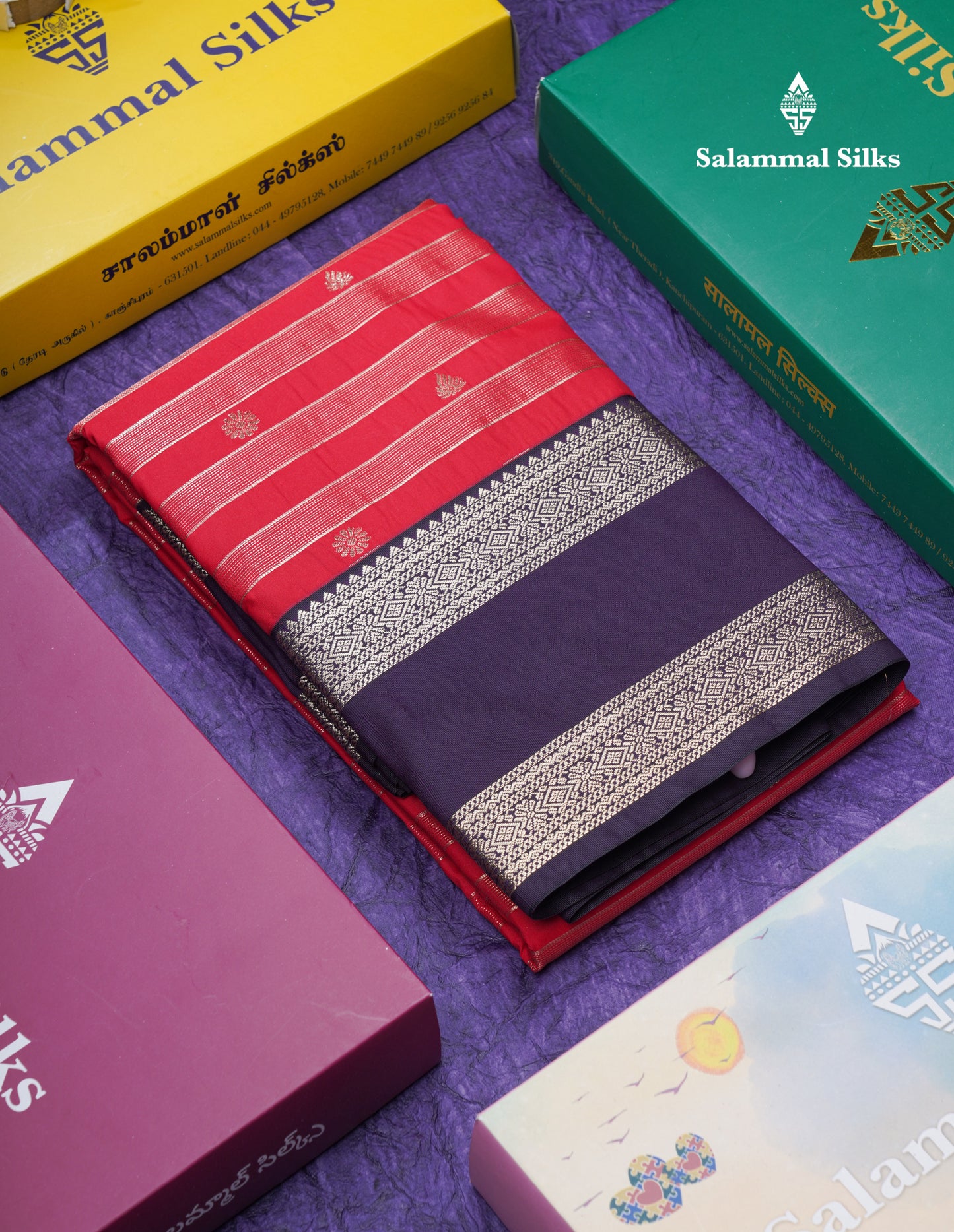 Chilly Red Semi Silk Saree With Contrast Dark Purple Rettapet Border