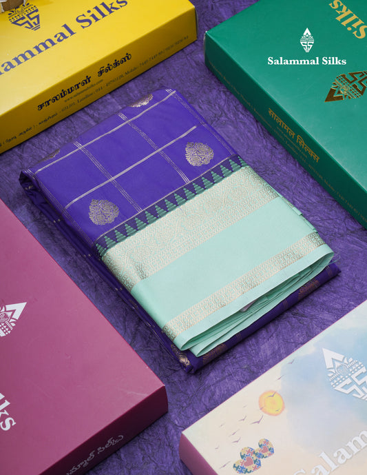 Violet Checks Semi Silk Saree With Contrast Rexona Green Traditional Rettapet Border