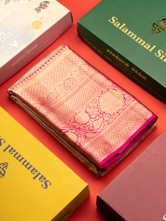 Light Lavender Colour Pure Kanjivaram Silk Saree With Contrast Long Pink Border