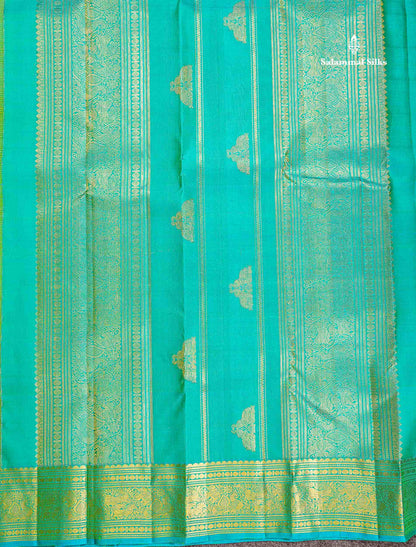 Pure Kanjivaram Silk Saree - Manthulir Green Colour Body With Sapphire Blue Traditional Border