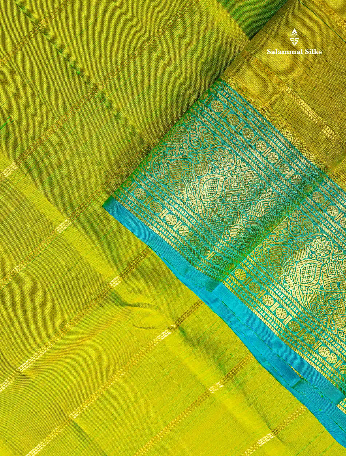 Pure Kanjivaram Silk Saree - Manthulir Green Colour Body With Sapphire Blue Traditional Border