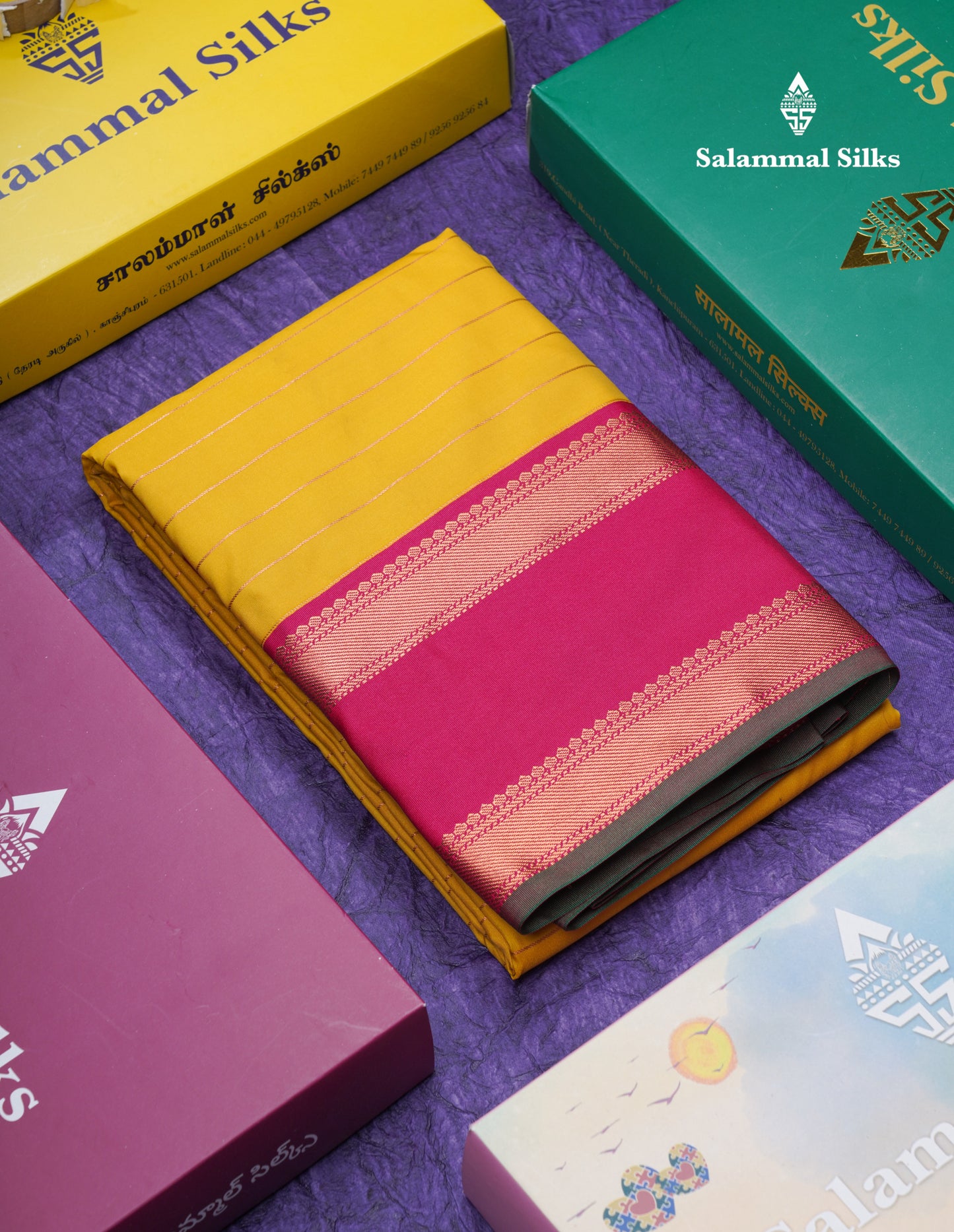 Mustard Yellow Semi Silk Saree With Contrast Pink Rettapet Border