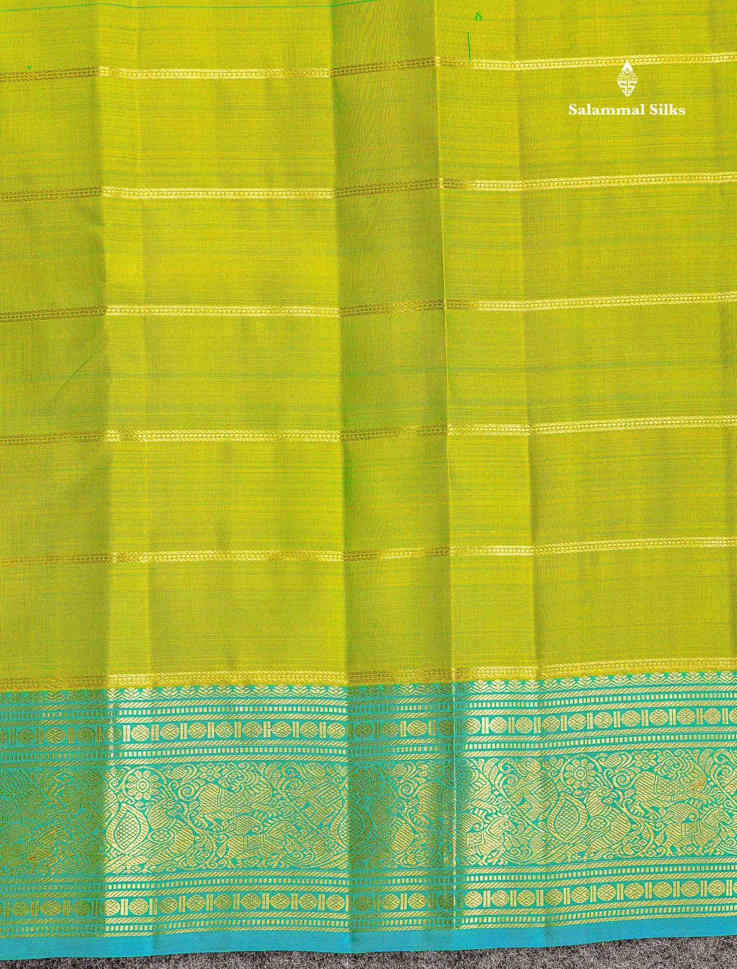 Pure Kanjivaram Silk Saree - Manthulir Green Colour Body With Sapphire Blue Traditional Border