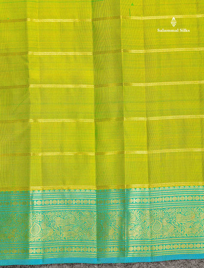 Pure Kanjivaram Silk Saree - Manthulir Green Colour Body With Sapphire Blue Traditional Border