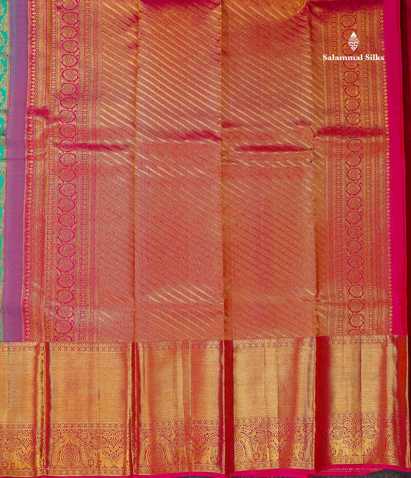 Beautiful Sapphire Green Bridal Pure Kanjivaram Silk Saree With Contrast Pink Traditional Evening Morning Border
