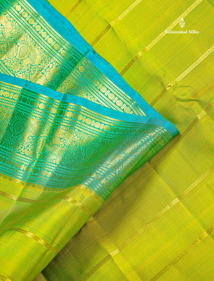 Pure Kanjivaram Silk Saree - Manthulir Green Colour Body With Sapphire Blue Traditional Border