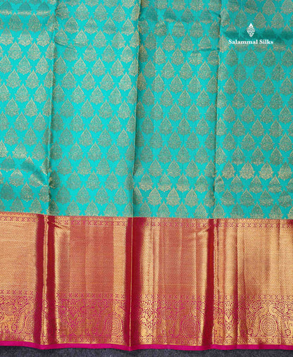 Beautiful Sapphire Green Bridal Pure Kanjivaram Silk Saree With Contrast Pink Traditional Evening Morning Border