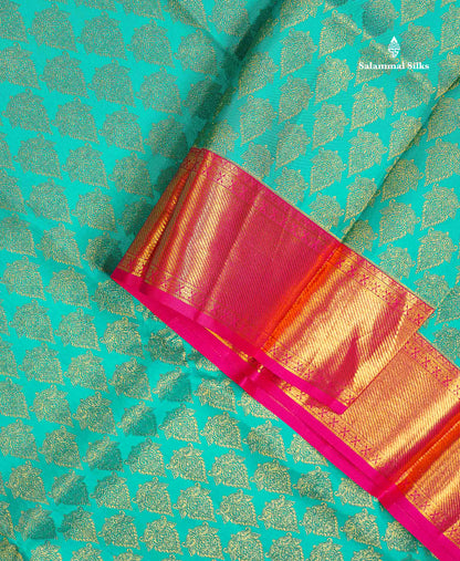 Beautiful Sapphire Green Bridal Pure Kanjivaram Silk Saree With Contrast Pink Traditional Evening Morning Border