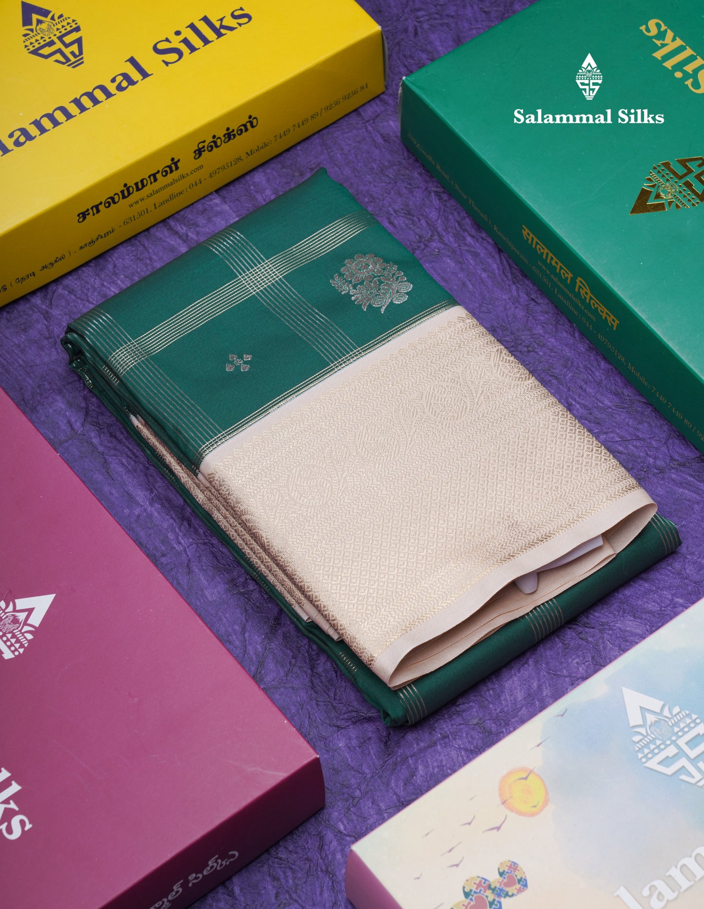 Bottle Green Semi Silk Saree With Contrast Cream Sandal Border