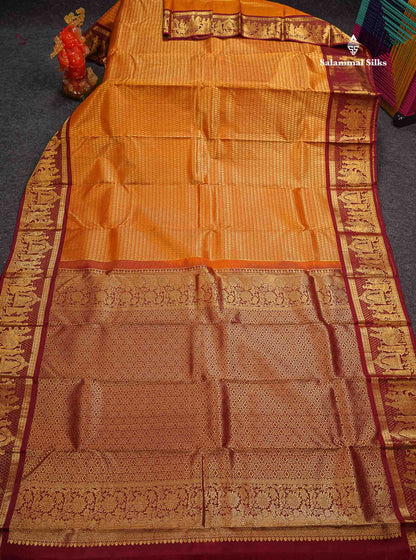 Beautiful Mustard Yellow Bridal Pure Kanjivaram Silk Saree With Contrast Maroon Traditional Pallakku Border