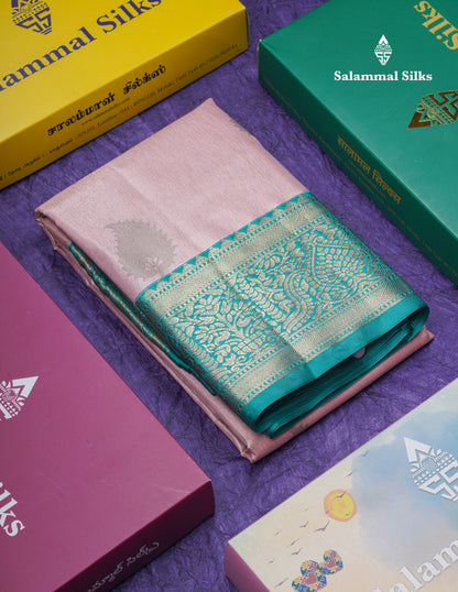 Baby Pink Tissue Semi Silk Saree With Contrast Saffire Green Border