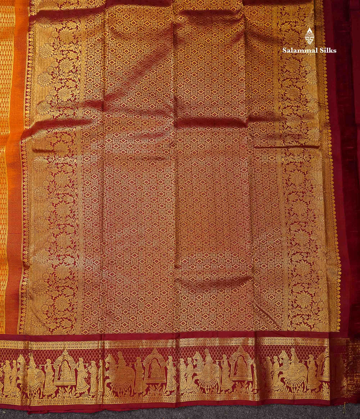 Beautiful Mustard Yellow Bridal Pure Kanjivaram Silk Saree With Contrast Maroon Traditional Pallakku Border