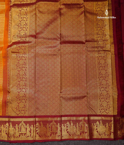 Beautiful Mustard Yellow Bridal Pure Kanjivaram Silk Saree With Contrast Maroon Traditional Pallakku Border