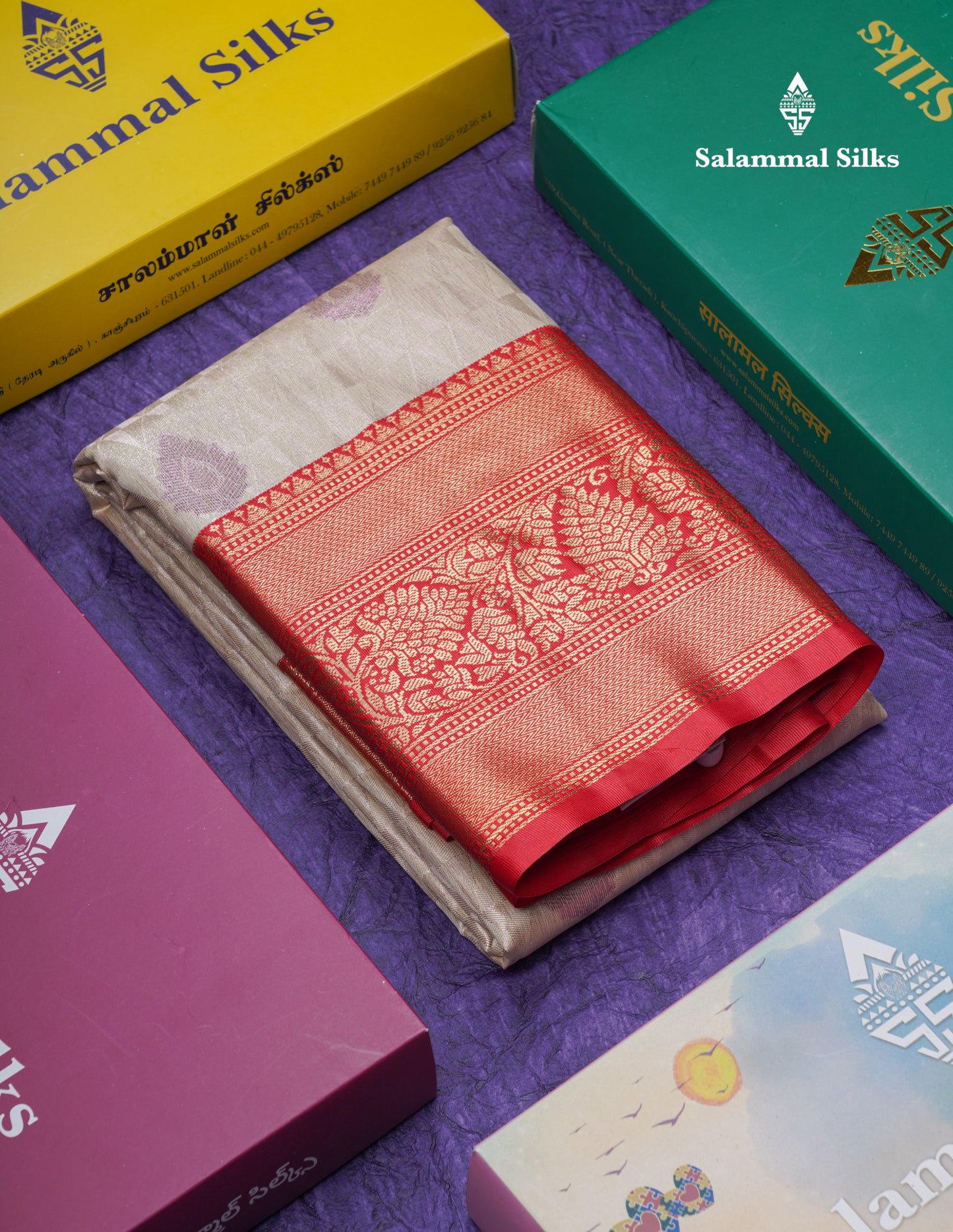 Cream Sandal Tissue Semi Silk Saree With Contrast Chilly Red Traditional Evening Morning Border