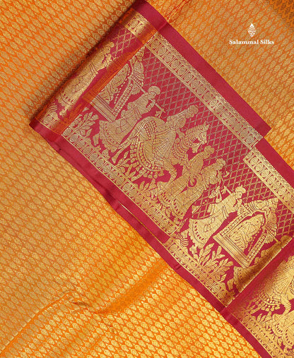 Beautiful Mustard Yellow Bridal Pure Kanjivaram Silk Saree With Contrast Maroon Traditional Pallakku Border