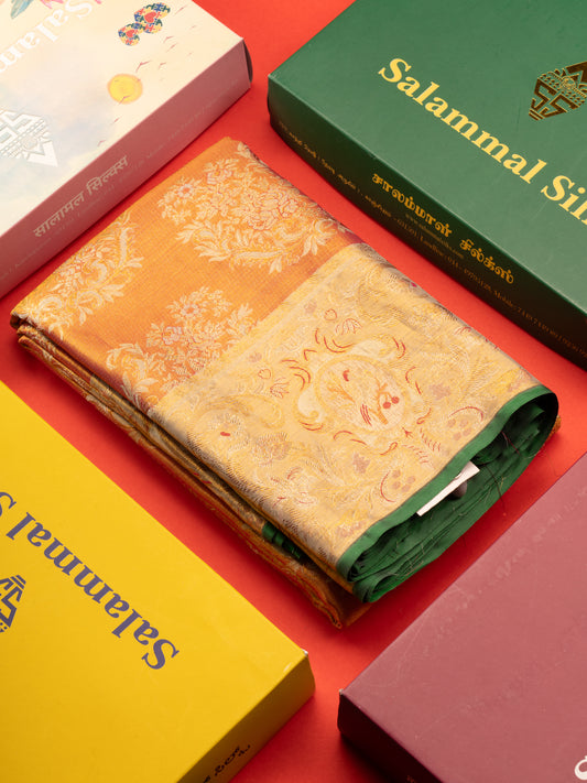 Dual Tone Pinkish Orange Tissue Bridal Pure Kanjivaram Silk Saree With Contrast Half White Border